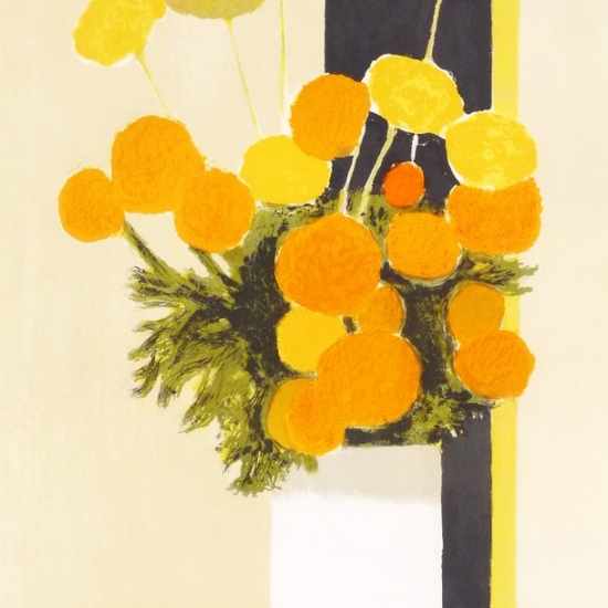 ベルナール・カトランの絵画作品　タイトルは、黒い線のあるマリーゴールドとのこぎり草